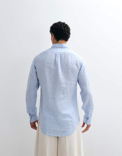 Polo Ralph Lauren - Camicia a maniche lunghe in lino blu e bianca a righe con logo, 5 di 9