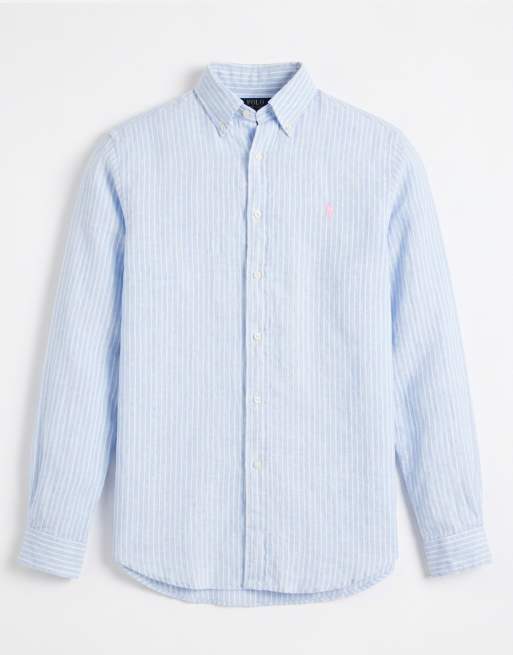 Polo Ralph Lauren - Camicia a maniche lunghe in lino blu e bianca a righe con logo, 6 di 9