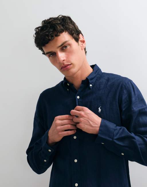 Polo Ralph Lauren - Camicia a maniche lunghe in lino blu navy con logo, 3 di 5