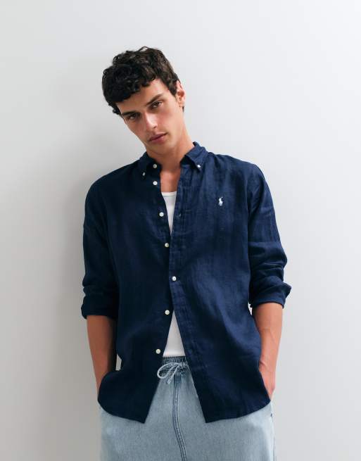 Polo Ralph Lauren - Camicia a maniche lunghe in lino blu navy con logo, 4 di 5