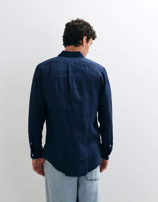 Polo Ralph Lauren - Camicia a maniche lunghe in lino blu navy con logo, 5 di 5