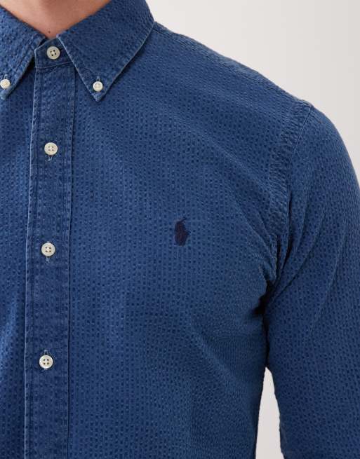 Polo Ralph Lauren - Camicia a maniche lunghe in seersucker di cotone indaco con logo, 5 di 5