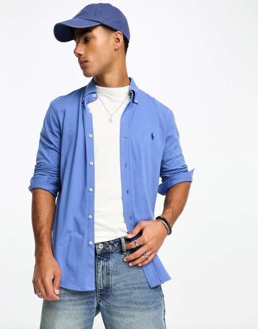 Polo Ralph Lauren Camicia blu medio in pique con logo ASOS