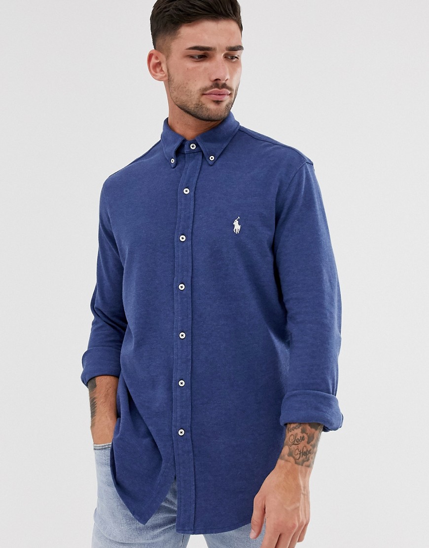 Polo Ralph Lauren - Camicia button-down slim con logo in piqué blu mélange