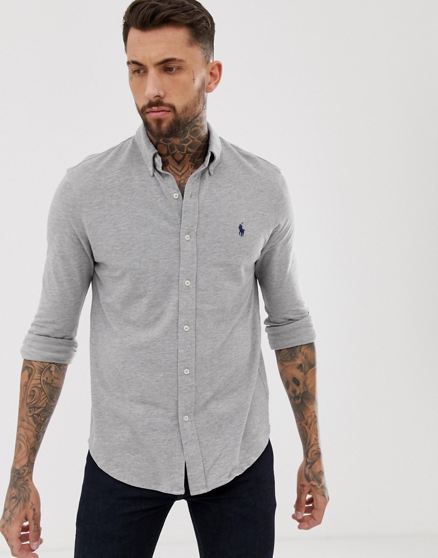 Polo Ralph Lauren - Camicia button-down slim in piqué con logo a giocatore grigio mélange