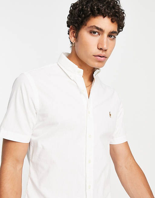 Camicia chambray slim fit a maniche corte bianca con logo del pony da Uomo di Polo Ralph Lauren in Bianco Uomo Abbigliamento da Camicie da Camicie casual e con bottoni 
