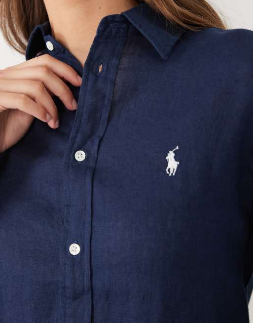 Polo Ralph Lauren camicia classica a maniche lunghe in lino blu scuro, 3 di 4