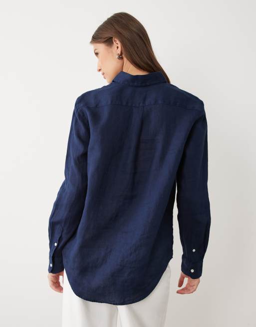 Polo Ralph Lauren camicia classica a maniche lunghe in lino blu scuro, 4 di 4