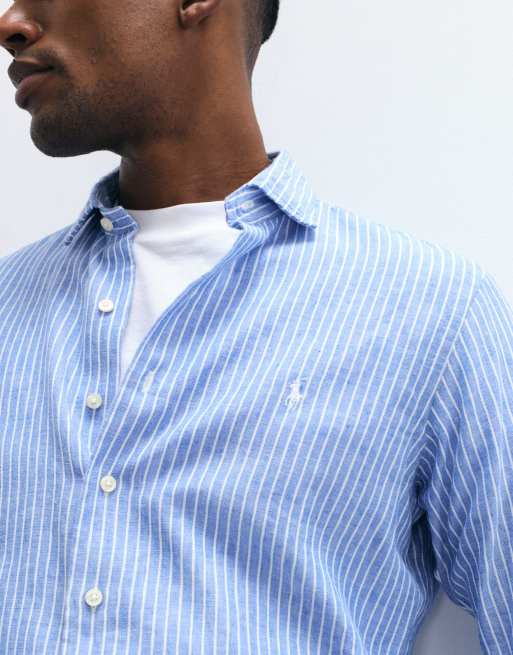 Polo Ralph Lauren - Camicia custom fit a maniche lunghe blu a righe con bottoni, 3 di 5