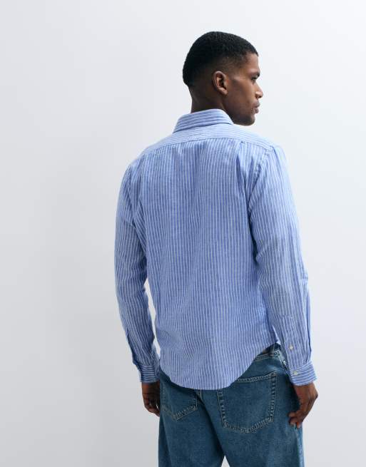Polo Ralph Lauren - Camicia custom fit a maniche lunghe blu a righe con bottoni, 4 di 5
