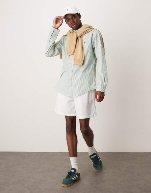 Polo Ralph Lauren - Camicia custom fit in popeline elasticizzato a righe verdi e bianche con logo, 3 di 4