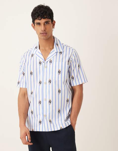 Polo Ralph Lauren - Camicia del pigiama a righe blu con grafica Bear - view 1