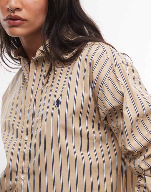 Polo Ralph Lauren camicia in cotone a righe vestibilità comoda color tan, 3 di 4