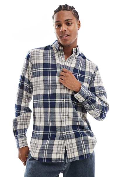 Polo Ralph Lauren - Camicia in flanella spazzolata crema e blu navy a quadri con logo a icona - view 1