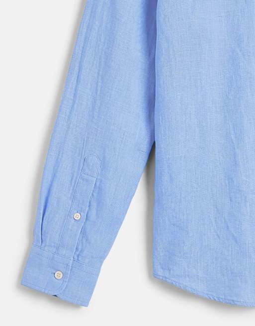 Polo Ralph Lauren camicia in lino a maniche lunghe custom fit blu, 8 di 9