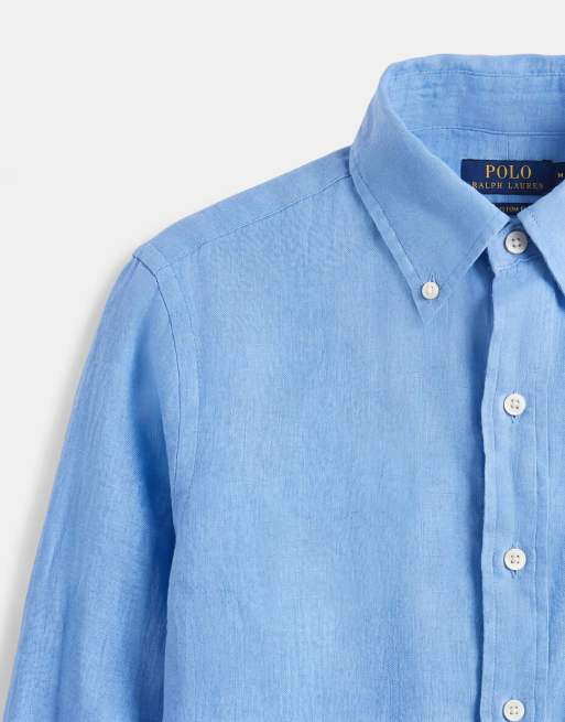 Polo Ralph Lauren camicia in lino a maniche lunghe custom fit blu, 9 di 9