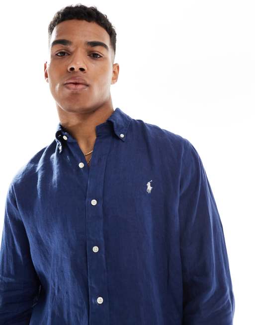 Polo Ralph Lauren - Camicia in lino blu navy custom fit con logo iconico