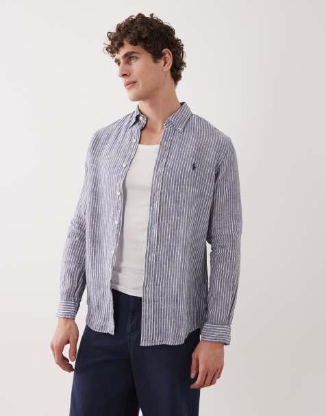 Polo Ralph Lauren - Camicia in lino color blu navy e bianca a righe con logo - view 1