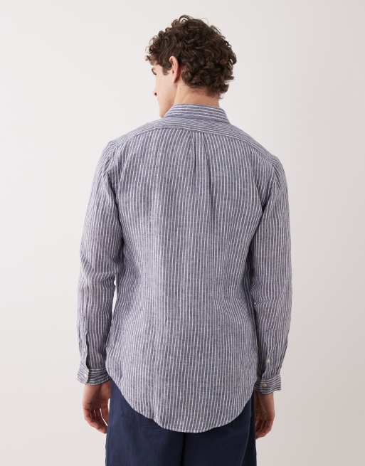 Polo Ralph Lauren - Camicia in lino color blu navy e bianca a righe con logo, 3 di 5