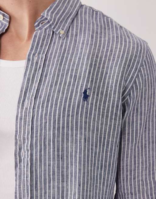 Polo Ralph Lauren - Camicia in lino color blu navy e bianca a righe con logo, 5 di 5