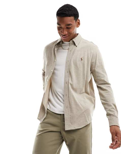 Polo Ralph Lauren - Camicia in piqué beige mélange con colletto button-down e logo - view 1
