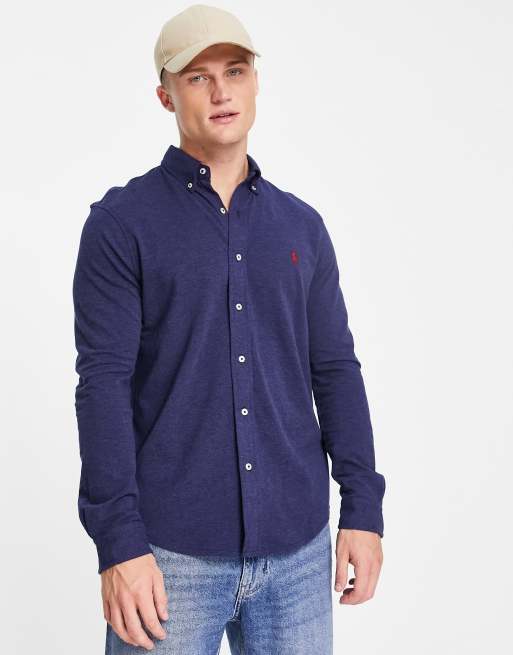 Polo Ralph Lauren - Camicia in piqué blu navy mélange con colletto button-down e logo