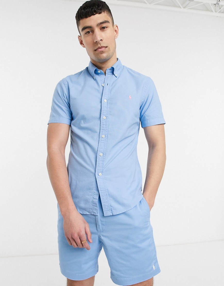 Polo Ralph Lauren - Camicia Oxford a maniche corte slim button-down azzurra con logo-Blu