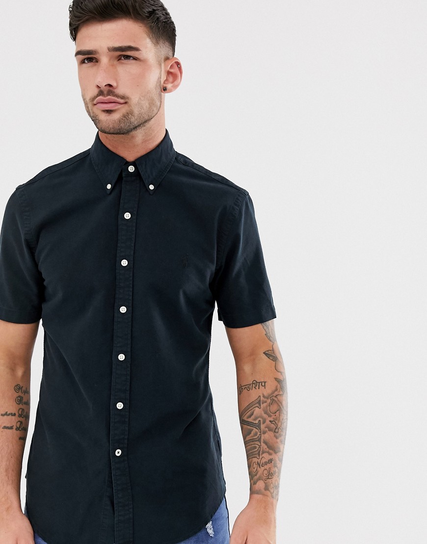 Polo Ralph Lauren - Camicia Oxford a maniche corte slim button-down con logo tono su tono nera-Nero
