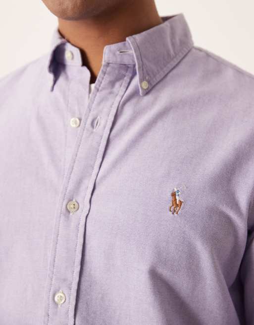 Polo Ralph Lauren - Camicia Oxford a maniche lunghe in cotone lilla con logo, 5 di 5