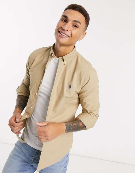 Polo Ralph Lauren - Camicia Oxford button-down slim tinta in capo con logo cuoio