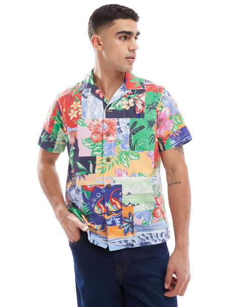 Polo Ralph Lauren - Camicia Oxford classica a maniche corte multicolore con motivo patchwork stampato ispirato alla spiaggia e rever - view 1