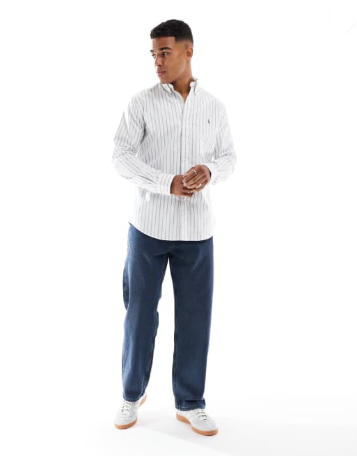 Polo Ralph Lauren - Camicia Oxford custom fit bianca a righe blu con logo, 2 di 4