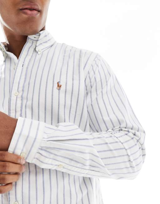 Polo Ralph Lauren - Camicia Oxford custom fit bianca a righe blu con logo, 4 di 4