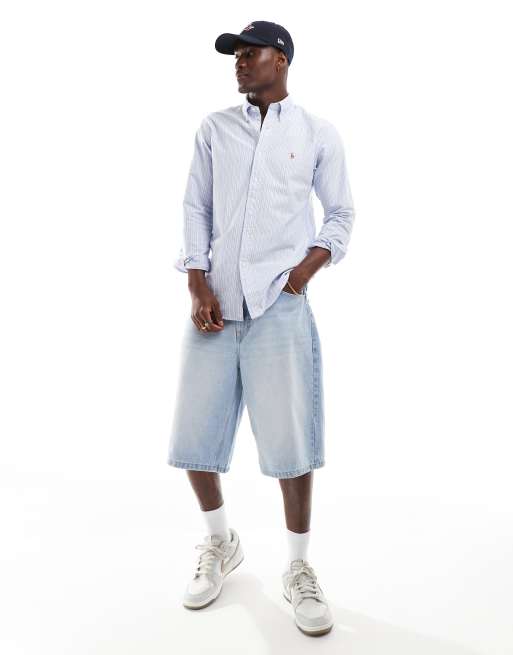 Polo Ralph Lauren - Camicia Oxford custom fit blu e bianca a righe multicolore con icona del logo