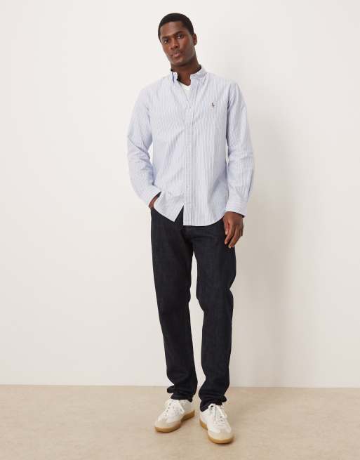 Polo Ralph Lauren - Camicia Oxford custom fit blu e bianca a righe multicolore con icona del logo, 2 di 5