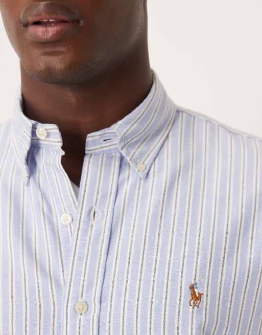 Polo Ralph Lauren - Camicia Oxford custom fit blu e bianca a righe multicolore con icona del logo, 5 di 5