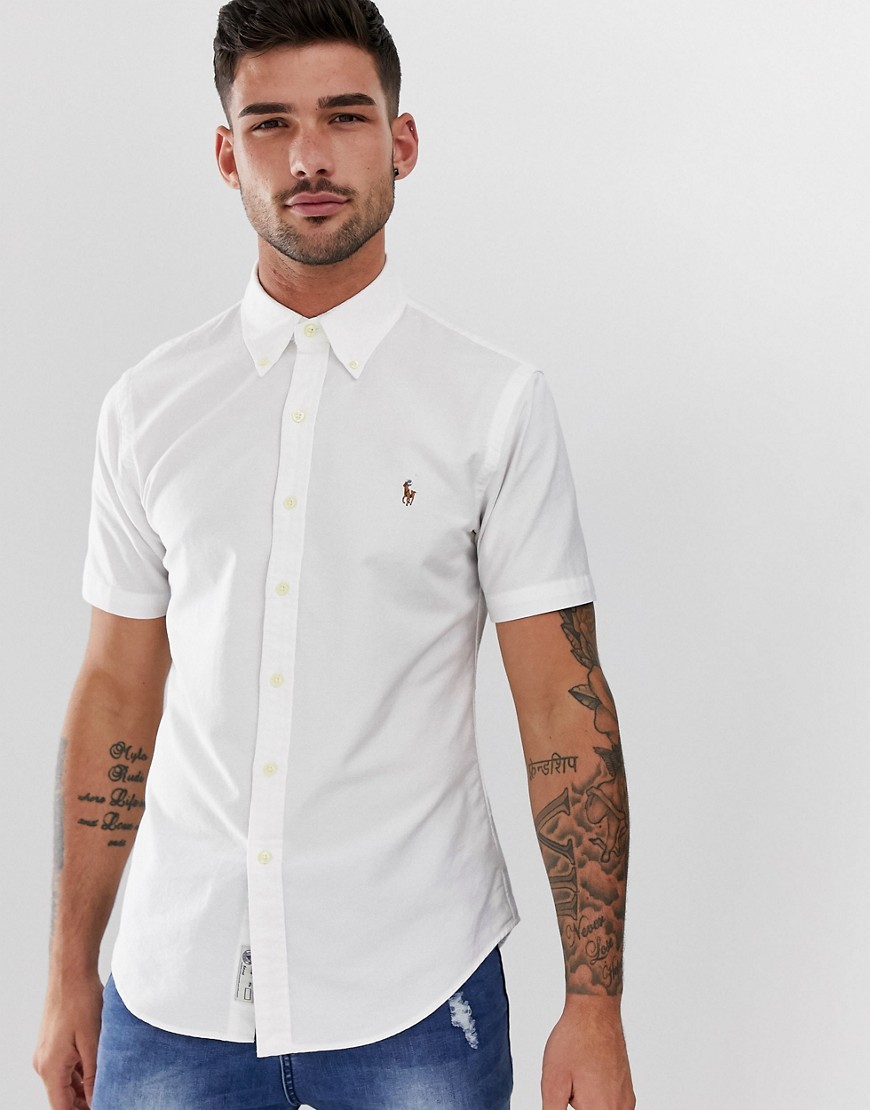 Polo Ralph Lauren - Camicia Oxford slim a maniche corte bianca con colletto button-down e logo multi-Bianco