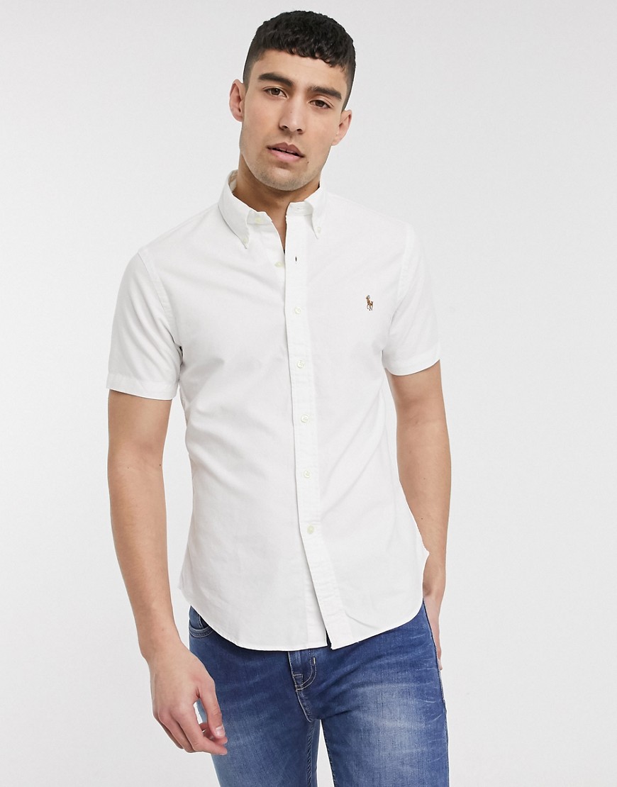 Polo Ralph Lauren - Camicia Oxford slim a maniche corte bianca con logo multi-Bianco