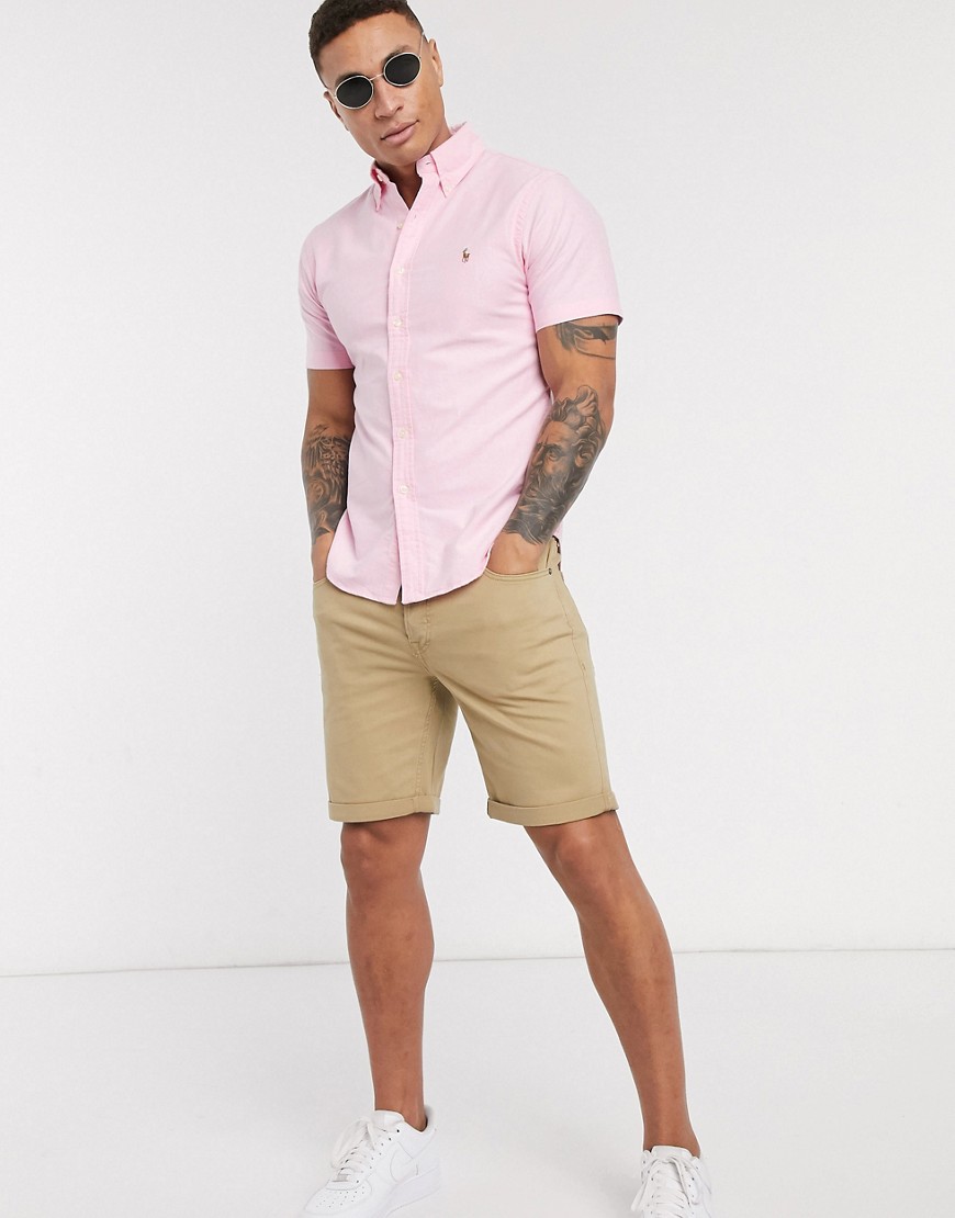 Polo Ralph Lauren - Camicia Oxford slim a maniche corte rosa con logo multi