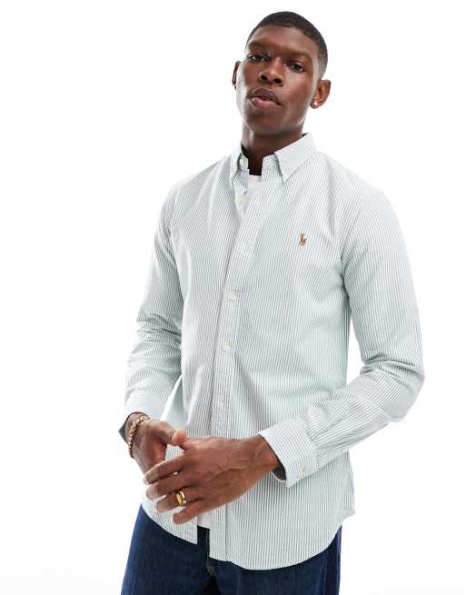 Polo Ralph Lauren Camicia Oxford slim a righe color verde scuro e bianco con logo ASOS
