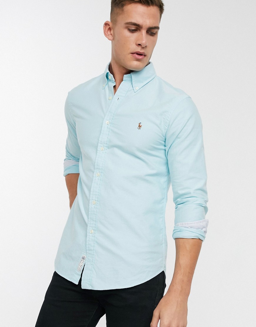 Polo Ralph Lauren - Camicia Oxford slim azzurra con logo-Blu