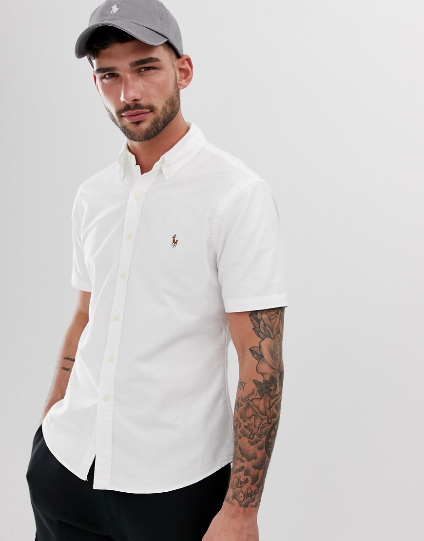Polo Ralph Lauren - Camicia Oxford slim bianca a maniche corte con bottoni e logo-Bianco