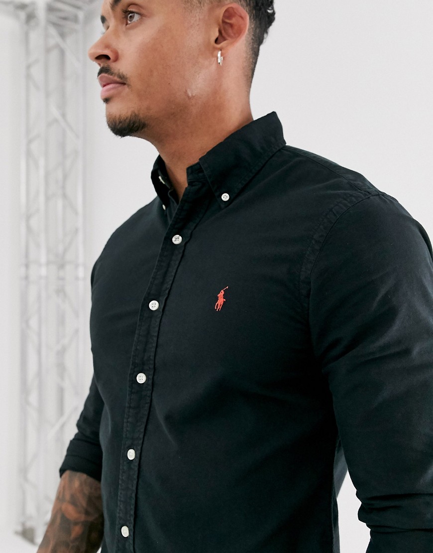 Polo Ralph Lauren - Camicia Oxford slim button-down tinta in capo nera con logo-Nero