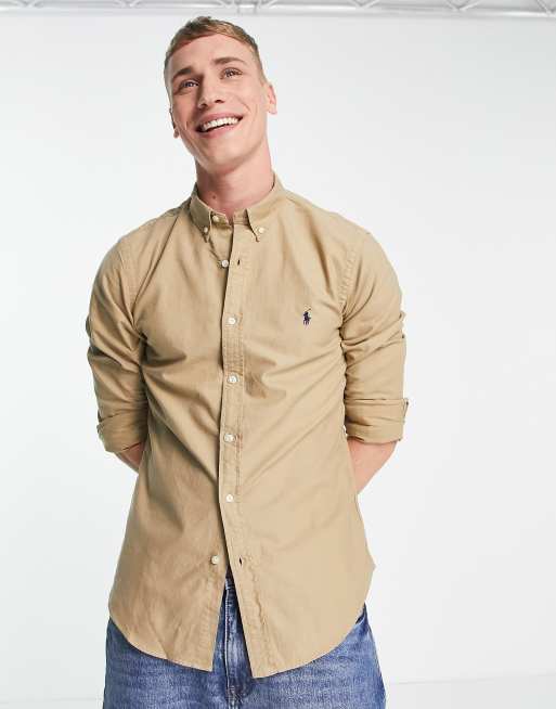 Polo Ralph Lauren - Camicia Oxford slim color cuoio sovratinta con logo