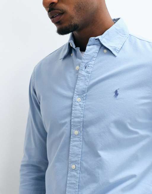 Polo Ralph Lauren camicia Oxford slim fit con logo icon e lavaggio blu, 3 di 5