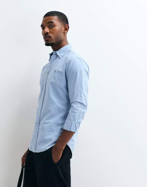 Polo Ralph Lauren camicia Oxford slim fit con logo icon e lavaggio blu, 5 di 5