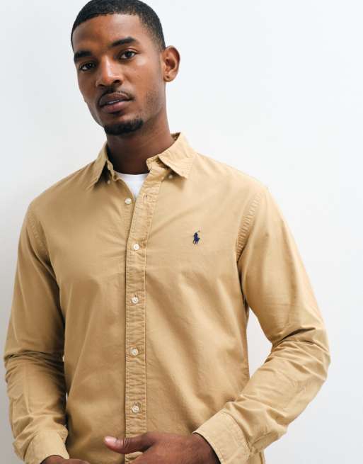 Polo Ralph Lauren camicia Oxford slim fit con logo icon, tinta beige, 2 di 5