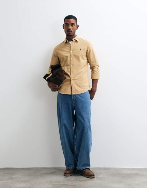 Polo Ralph Lauren camicia Oxford slim fit con logo icon, tinta beige, 4 di 5