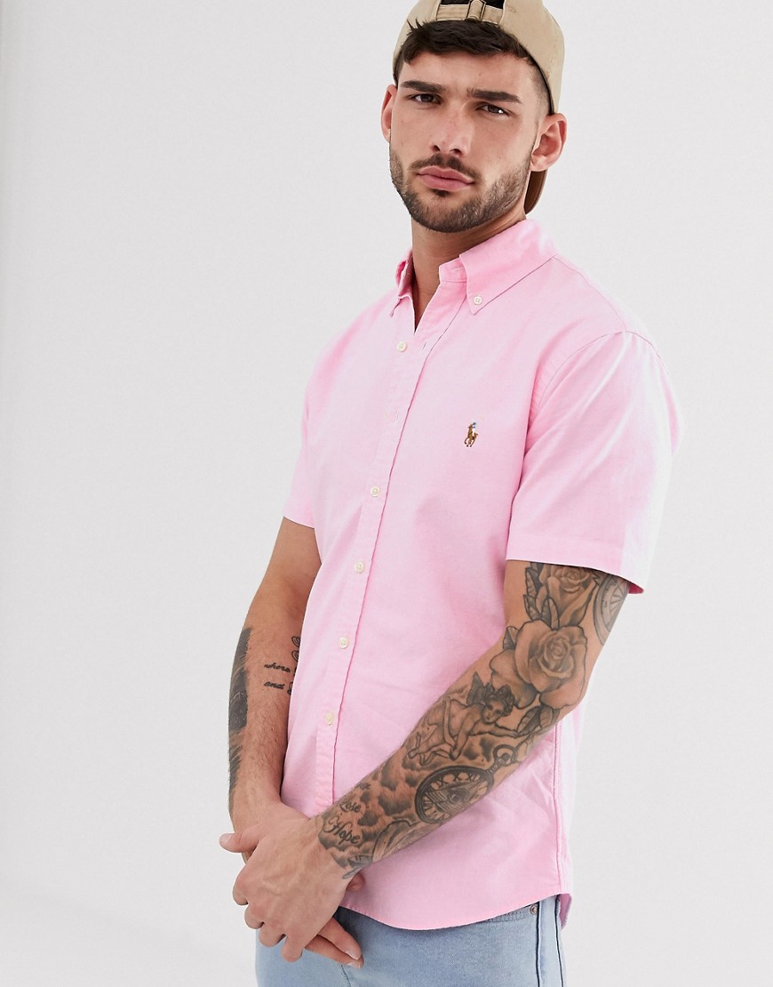 Polo Ralph Lauren - Camicia Oxford slim rosa a maniche corte con colletto button-down e logo del giocatore di polo