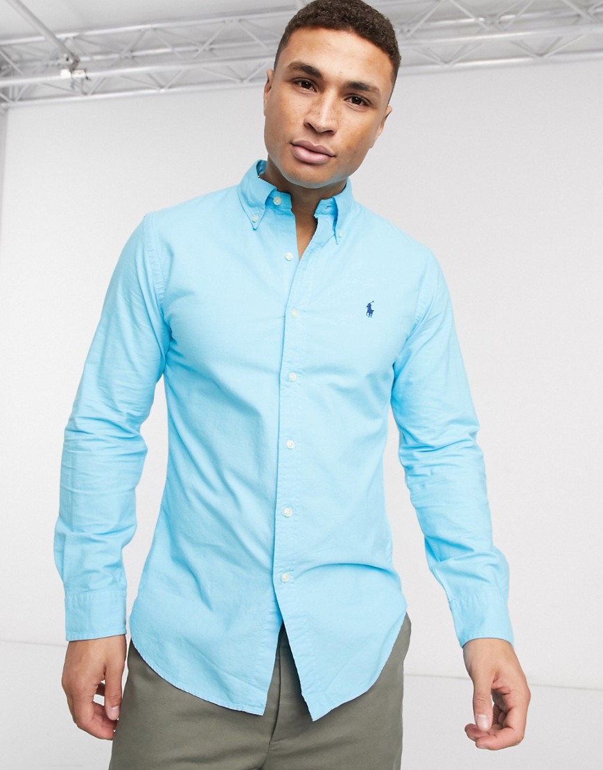 Polo Ralph Lauren - Camicia Oxford tinta in capo slim con logo blu turchese
